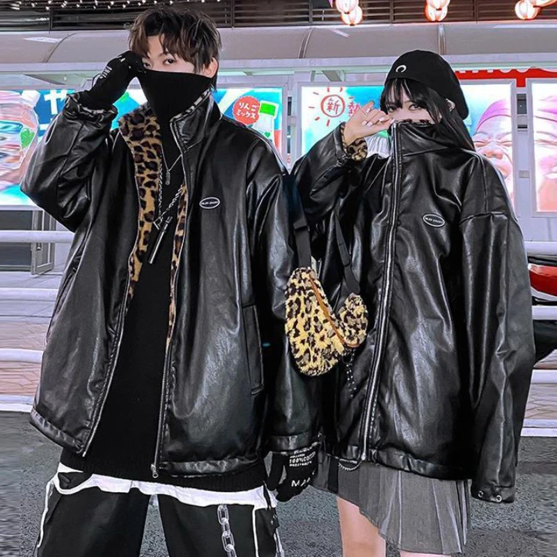 Winter Jacket Women 2022  Fashionable Chessboard Plush Thickened Cotton Padded Jacket Wear Both Sides PU Leather Parkas Coats