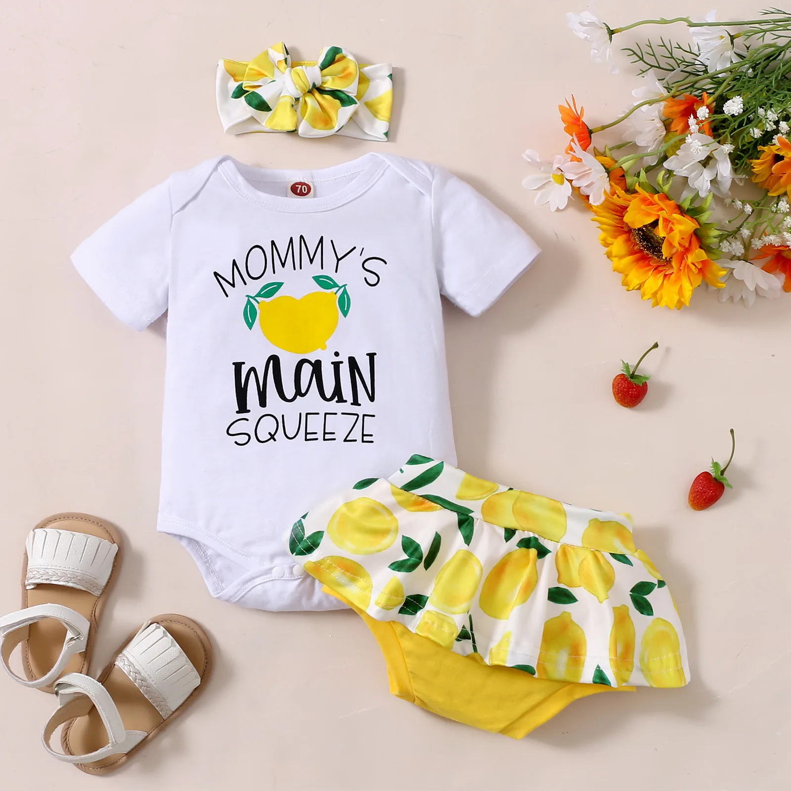 

Детское боди с принтом лимона, с оборками