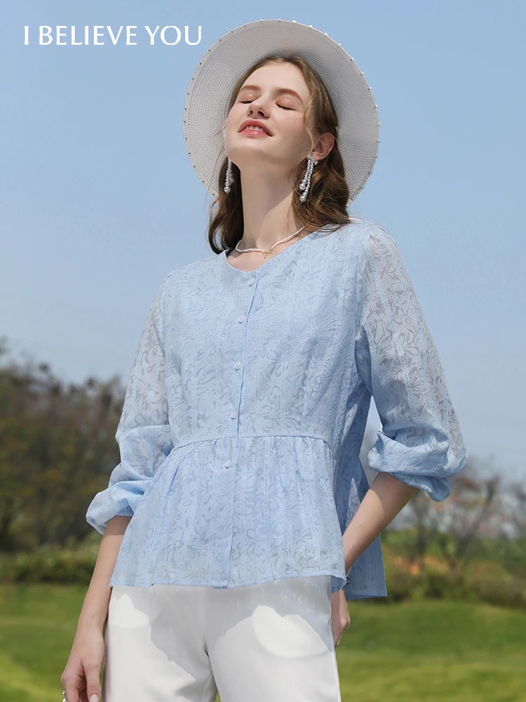 

I BELIEVE YOU Women Blouse 2023 Summer Blue Blusas French Chic Vneck Puff Sleeves Casual Slim Shirt Female Tops 2231055122