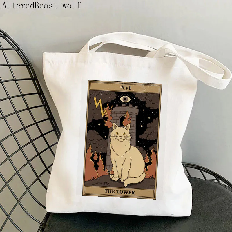 

Women Shopper bag The Tower cat witchy Tarot magic Bag Harajuku Shopping Canvas Shopper Bag girl handbag Shoulder Lady Bag