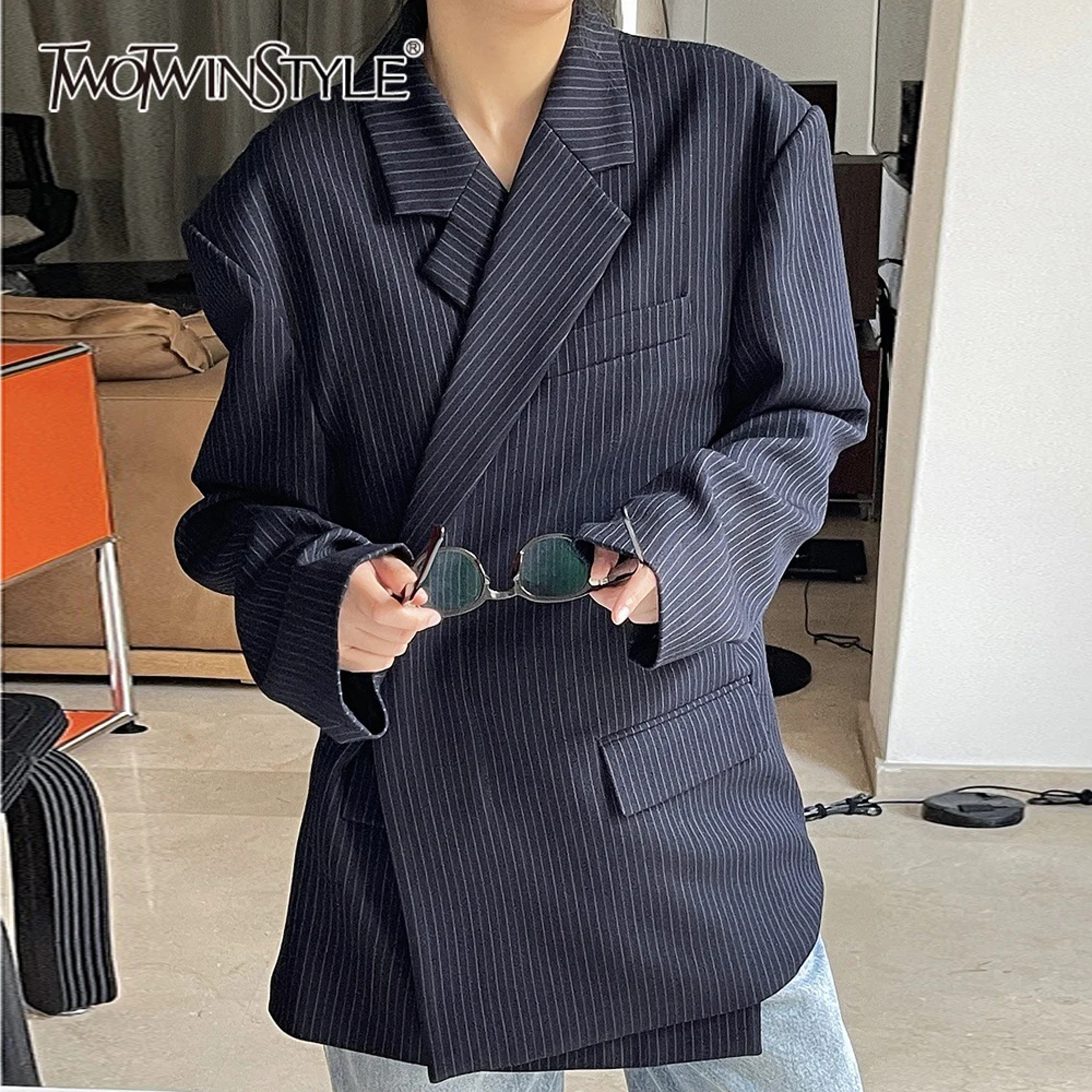TWOTWINSTYLE винтажные полосатые свободные пиджаки для женщин с зубчатым воротником и