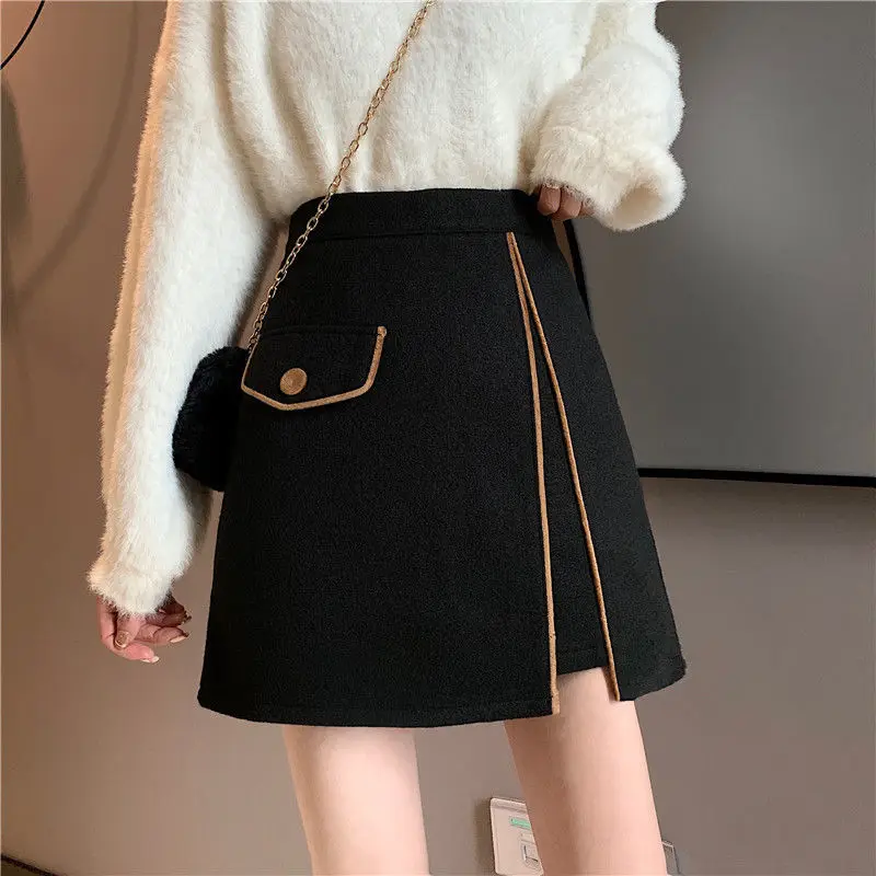 Autumn and winter black woolen new fashion irregular skirt black large versatile high waist slim skirt  vintage  Casual  A-LINE