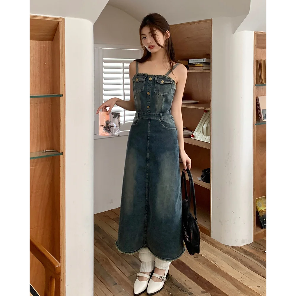 

Винтажное Синее джинсовое платье Y2k, женское летнее облегающее платье в Корейском стиле на пуговицах, пикантное платье в стиле High Street на бретелях-спагетти