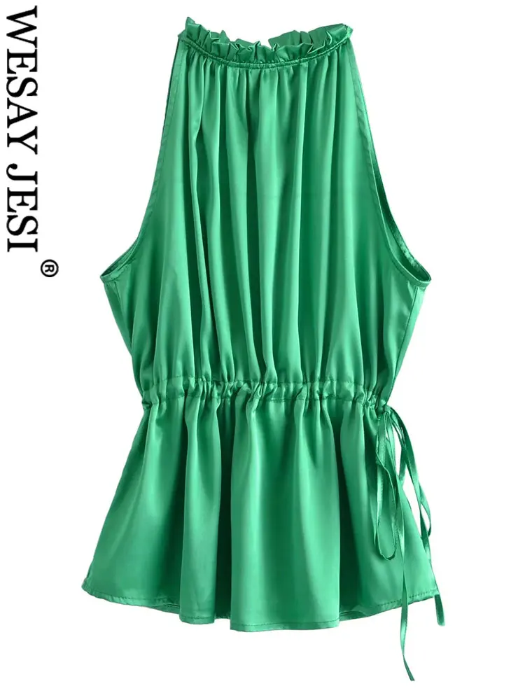 

WESAY JESI Fashion New Women T-shirt Hanging Neck Solid Color Green Sleeveless Drawstring Waist Casual Summer All-match Clothes