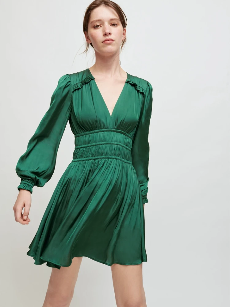 

Летнее атласное мини-платье MAJE 2022, зеленое Брендовое платье с пышными рукавами и V-образным вырезом, бесплатная доставка, высокое качество, Ф...