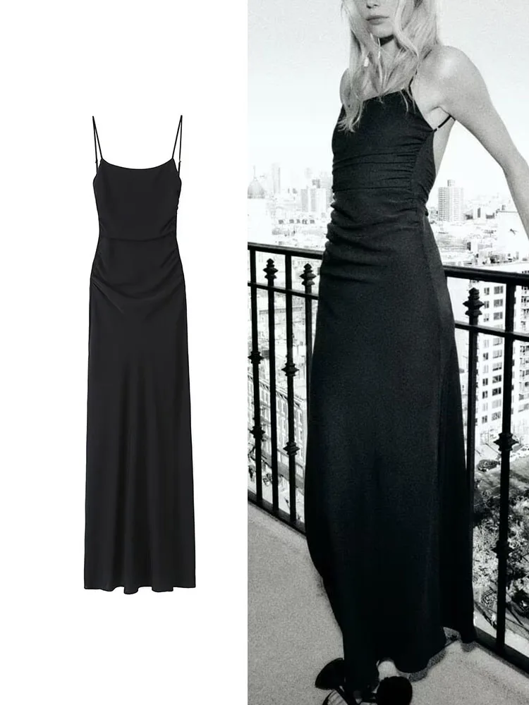 

TRAF Ladies Elegant Black Long Dress Sexy Backless Women's Party Dress Slip Sheath Long Female Dresses Folds Slim Evening Dress