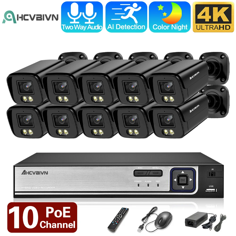 

4K Security Camera System AI human Detection 8MP 8CH 10CH PoE NVR Recorder Audio PoE IP Cameras With 8TB HDD For 24/7 Recording