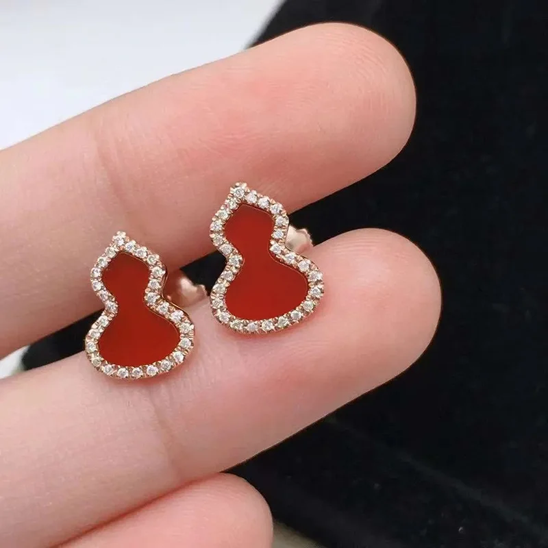 

Silver needle light luxury temperament gourd earrings female red agate micro-inlaid zircon white mother-of-pearl earrings