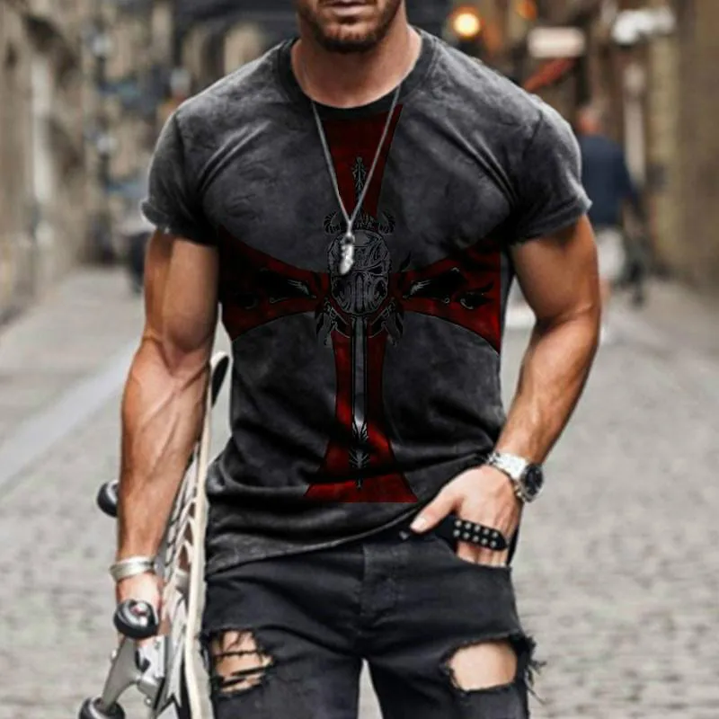 

High Quality Tide Round Neck Comfortable Short-sleeved Sweater Handsome Adult Daily Tooling Knight Style Men's Print T-Shirt