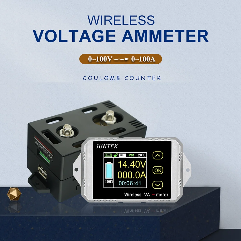 

JUNTEK VAT1100 100V 100A Wireless Ammeter Voltmeter Battery Capacity Monitoring Coulomb Counter Color Screen Meter12V 24V 48V