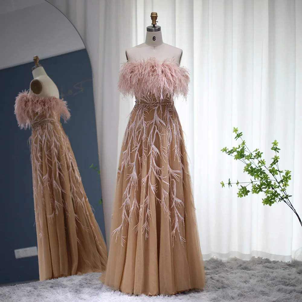 

Женское длинное вечернее платье Sharon Said, элегантное платье цвета шампанского с перьями для свадьбы и выпускного вечера, 2022