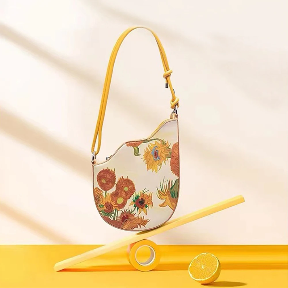 Sunflower Saddle Bag Oil Painting Women Shoulder Bag Knot Handle Handbags and Purses Mini Shopper Bags for Women 2023 Tote Chic