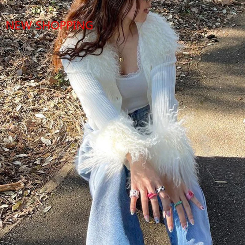 Winter Fall 2021 Fur Collar and Cuffs Cropped Cardigan Sweaters Women Fairy Elegant Fashion Single Breasted Y2K Fairycore Jacket