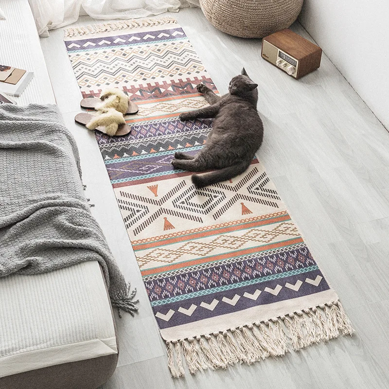 

Bohemia Ethnic Style Cotton Linen Soft Long Carpet Handmade Tassel Rug Living Room Bedside Floor Mat Pad Islamic Decor Doormat