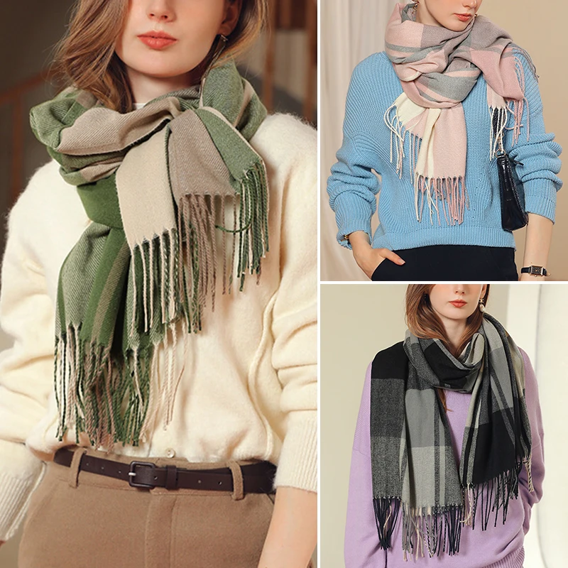 

Женский клетчатый шарф, зимний кашемировый клетчатый шарф, шаль, пончо, треугольные шарфы, роскошные накидки из пашмины, женские шарфы