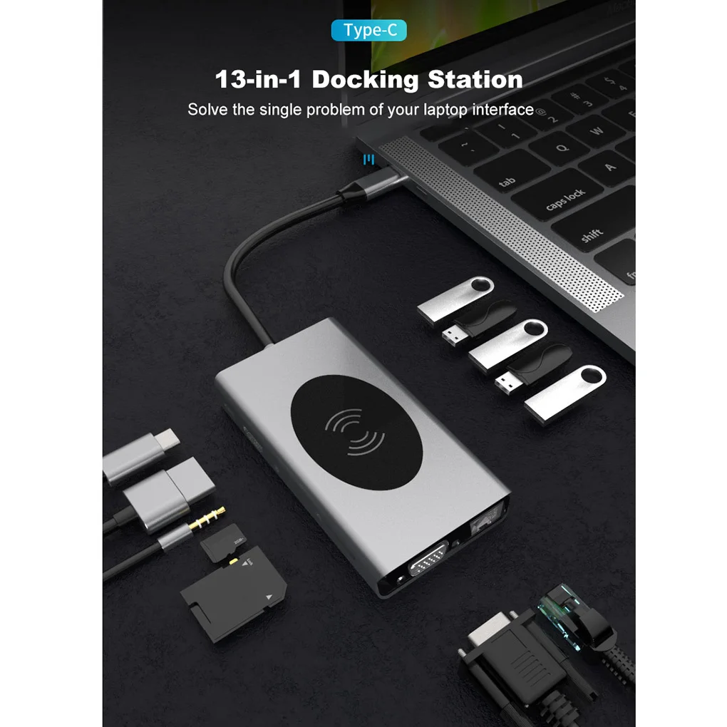 

15/14/13 in 1 USB C Hub Multiport Adapter with 4K HD Wireless Charger Type-c Docking Station TF SD Card Reader 5W/ 7.5w /10W