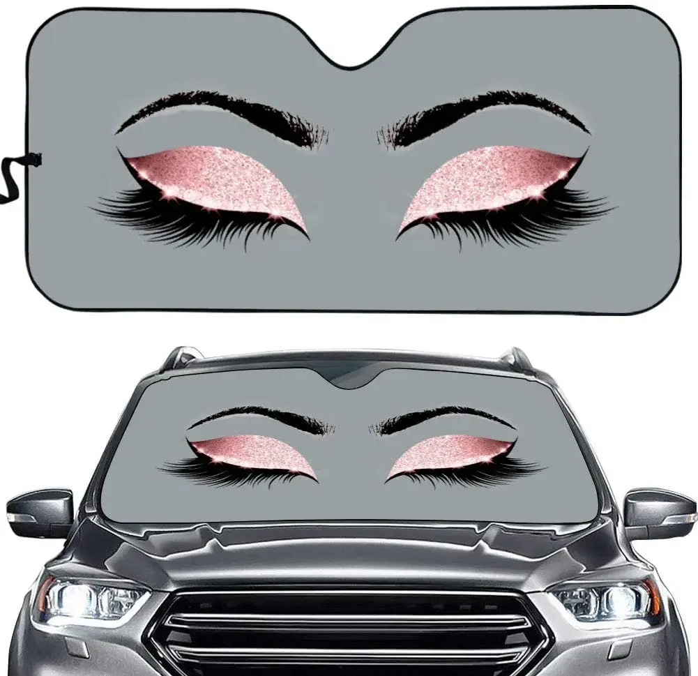 ELEQIN Woman Eye with Long Eyelashes Front Windshield Shade Makeup Pink Glitters Eyeshadows Print Accordion Folding Auto Sunshad
