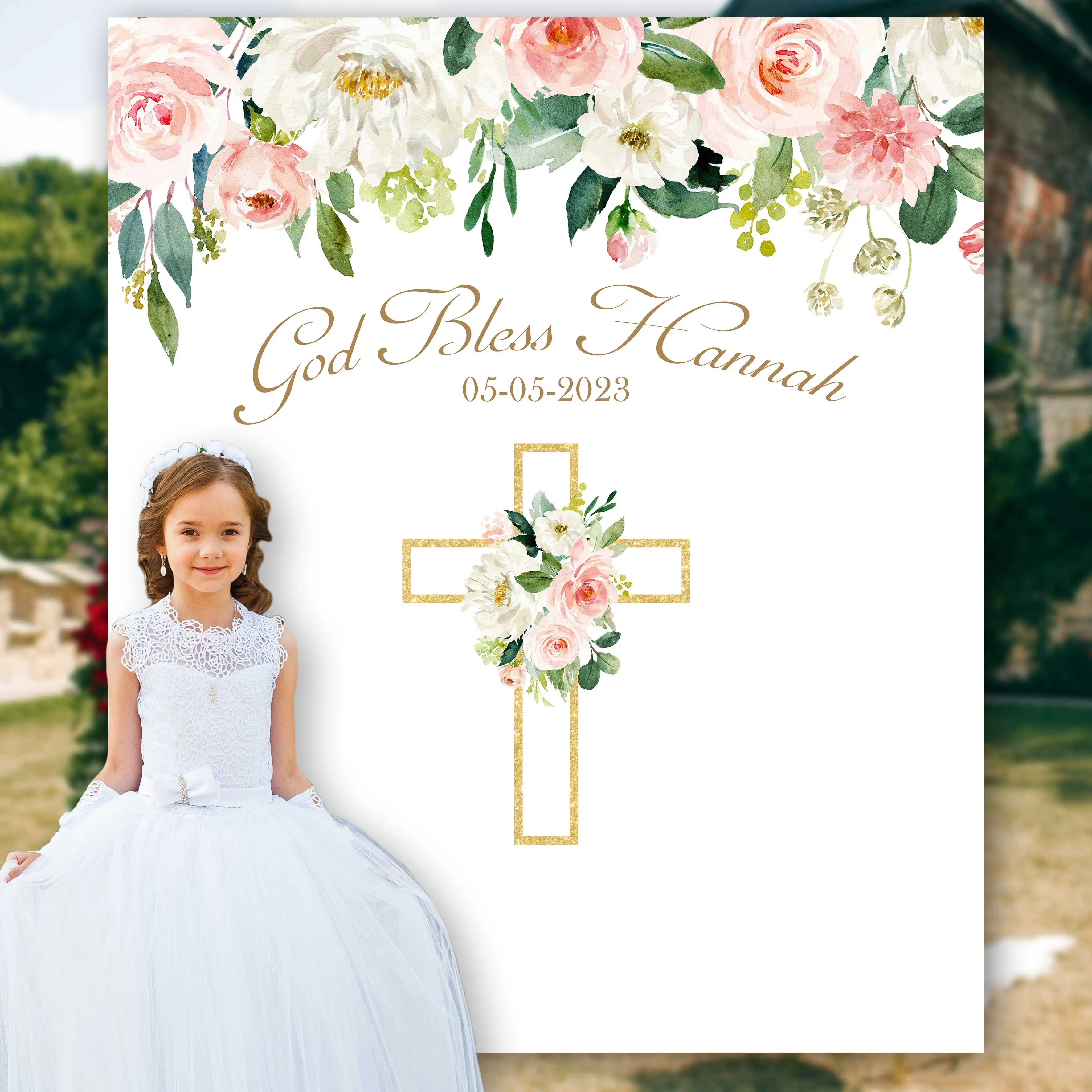 

SeekPro Boy Girl God Bless My First Communion Backdrop Religious Baby Shower Gold Cross Grail Baptism Christening Photography