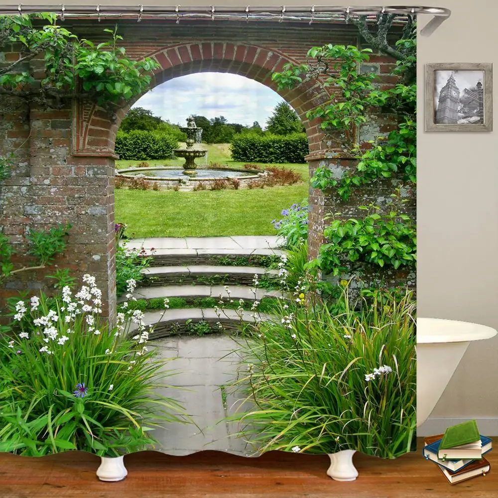 

Cortina de ducha con arco 3D para decoración del hogar, paisaje de bosque impermeable con tela de poliéster, cascada, naturaleza