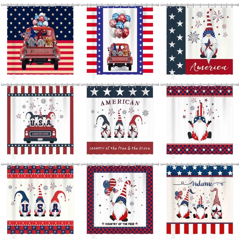 

2022 New American Independence Day Shower Curtain Gnome Bath Curtain with Hooks Waterproof Shower Curtains Bathroom Accessories
