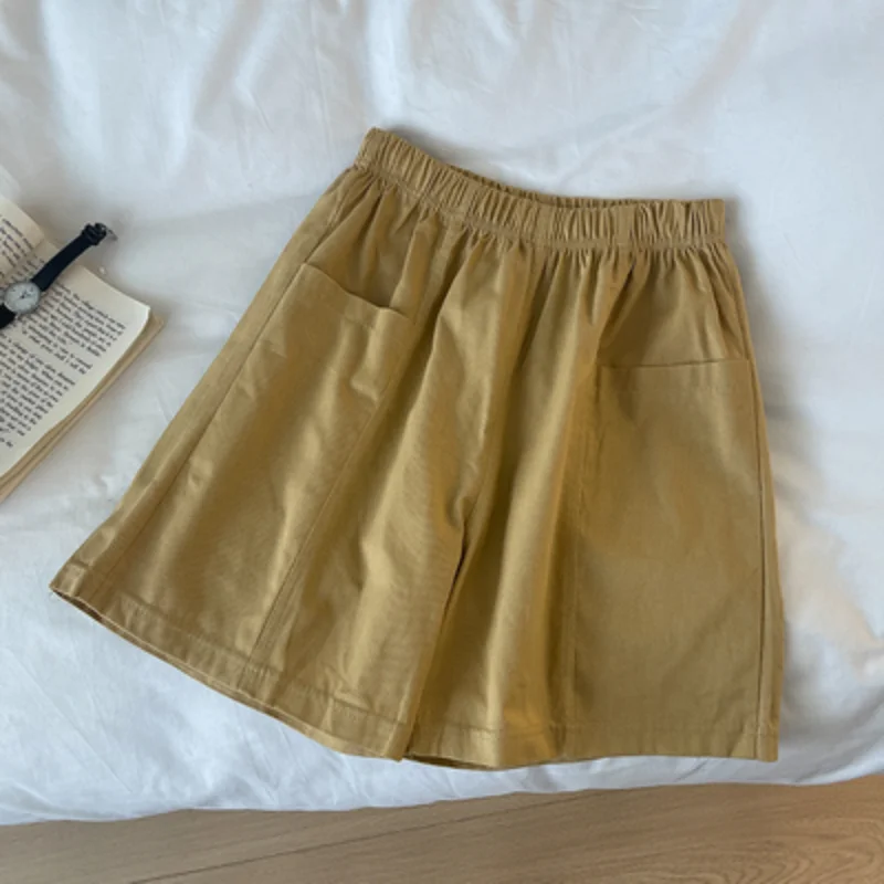 Elastic High Waist Solid  Large Pocket Casual Shorts Woman Summer 2023 New Cotton Breathable Korean Wide Leg Shorts All-match