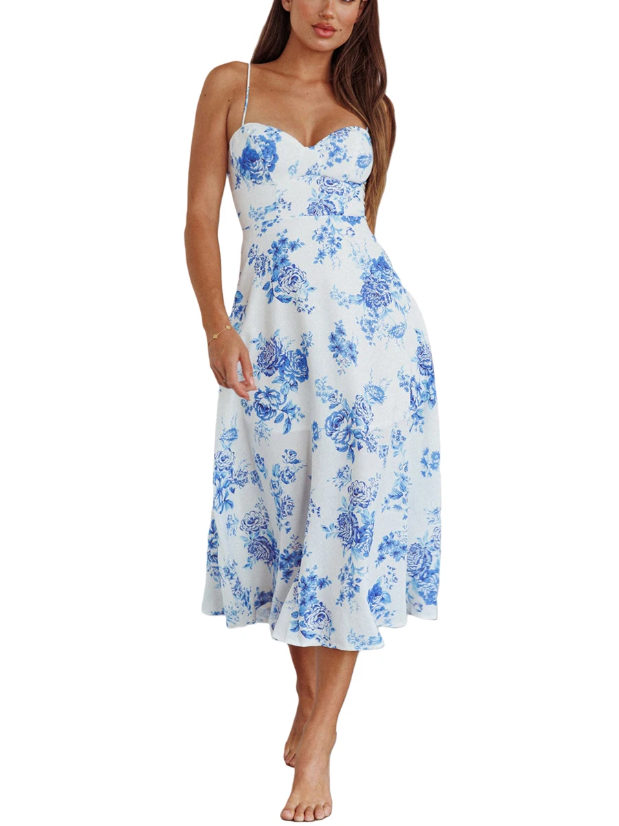 

Женское сексуальное элегантное платье-комбинация с открытыми плечами Y2k, летнее платье без рукавов с цветочным принтом и открытой спиной для клуба, женское платье на выпускной