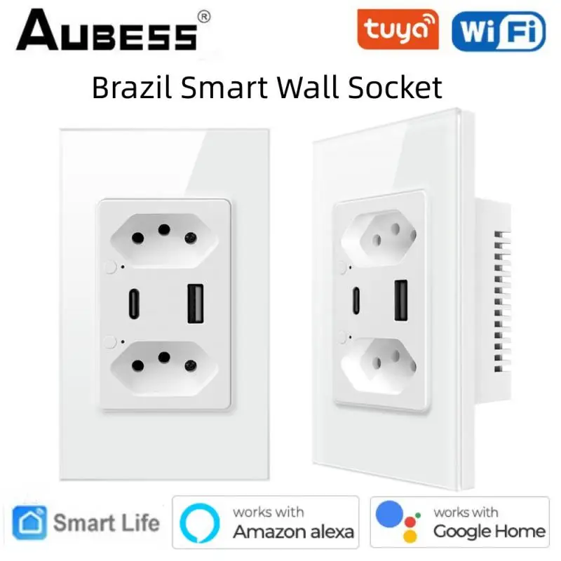 

Tuya WiFi Smart Socket Brazil Smart Home Remote Control Independent USB Type-c Interface Tempered Glass Via Alexa Google Home