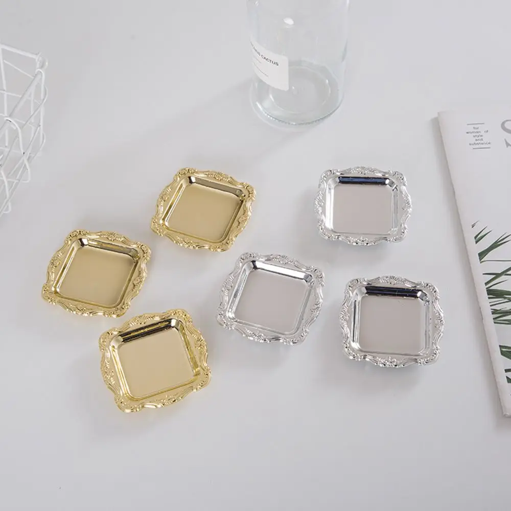 

10Pcs High-end Vintage Gold Silver Storage Tray Fruit Snacks Jewelry Display Plate Delicate Kitchen Square Food Decoration