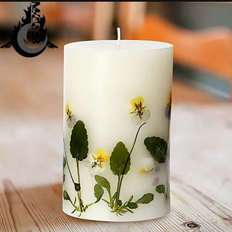 Set Dried Flower Pillar Scented Candle Handmade White Decora