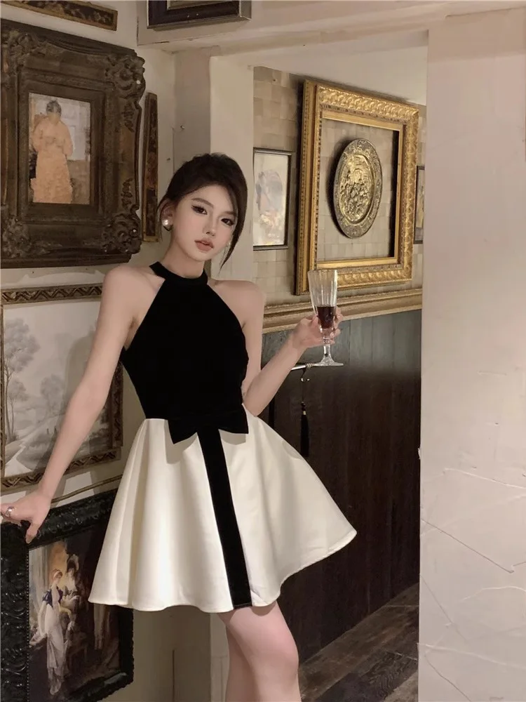 

Women Fashion Office Elegant Dress Sleeveless Beach Slim Party Prom French Lady Black White Mini Dresses Bow Clothes Temperament