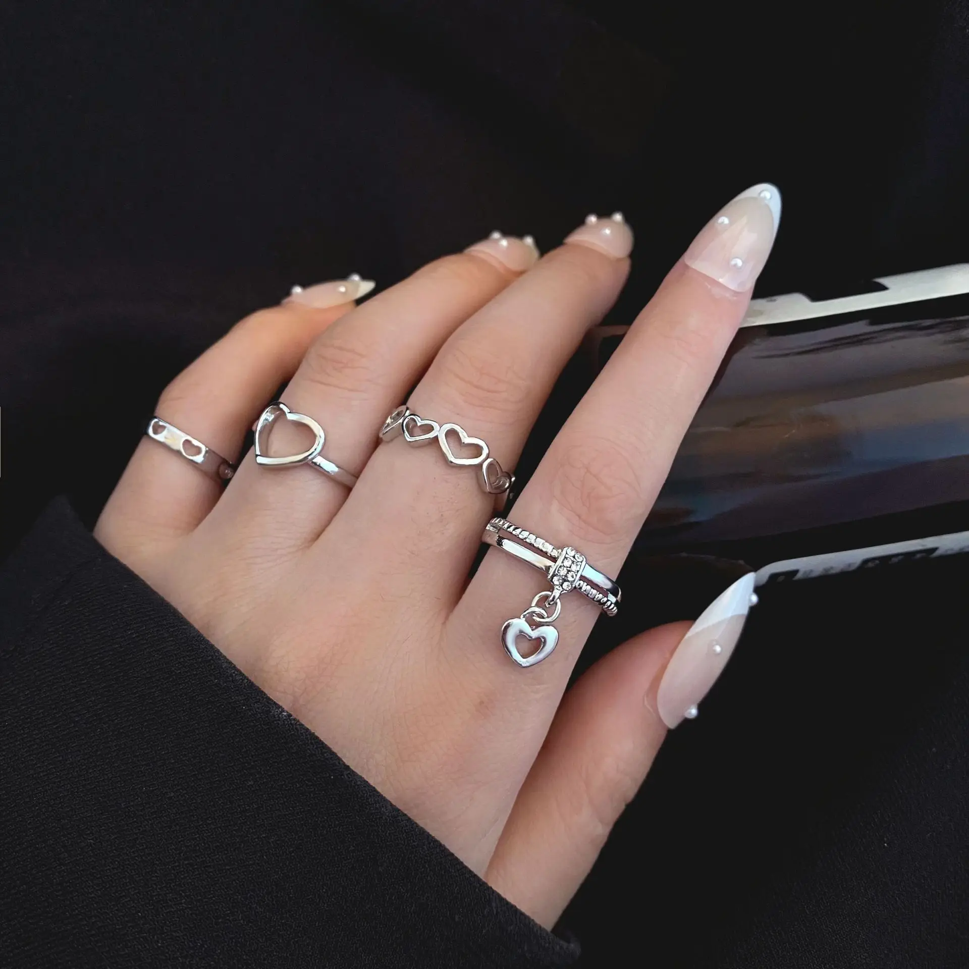 

Vintage Punk Hollow Heart Rings Set Korean Fashion Zircon Silver Color Geometric Opening Knuckle Ring For Women Jewelry