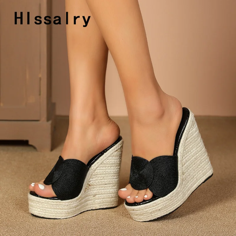 

Hlssalry Size 34-43 Wedges Slippers Women Weave Hemp Summer Super High Slides Shoes Casual Open Toe Platform Heels White Sandals