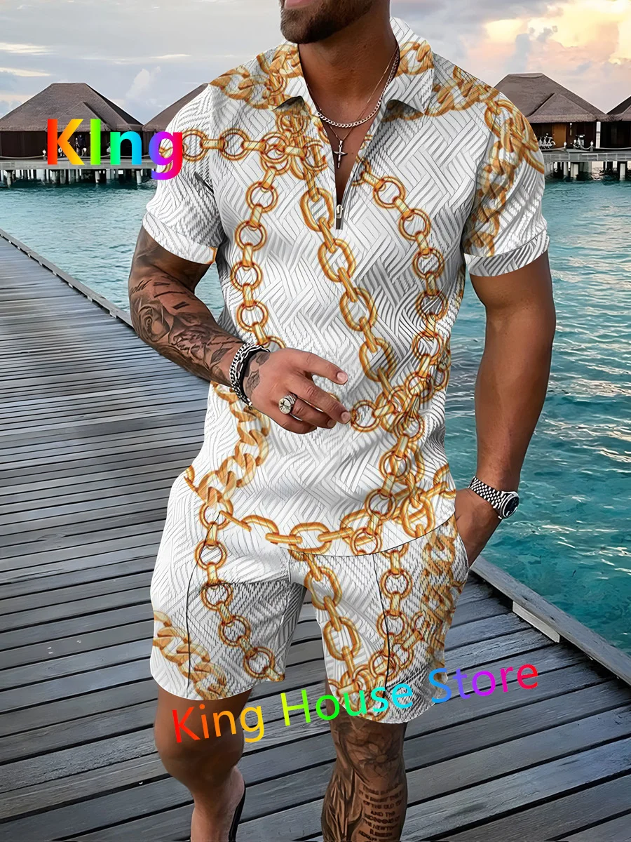 Men's Polo Shirt Clothing 2 Set Tracksuit Zipper Polo Shirt Oversized Trend Business Casual 3D Luxury Chain 2 Piece Outfit Set