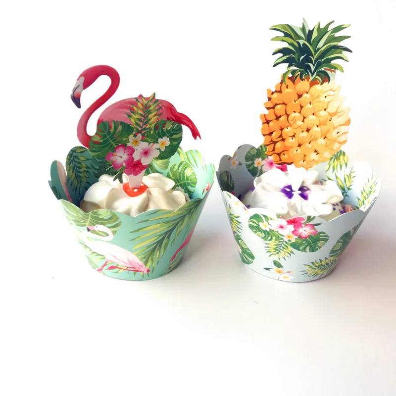 

24pcs Hawaiian Flamingo / Pineapple Cupcake Wrappers + Cake Topper for Summer Birthday Wedding Party Cake Decorating Supplies