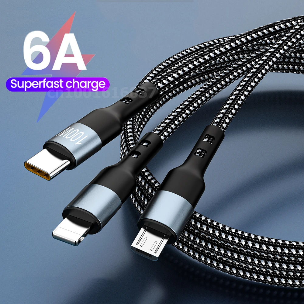 

3 в 1 USB-кабель 100 Вт 6A USB C кабель для iPhone 13 11 Pro Max Быстрая зарядка Micro USB Type C кабель для Samsung Xiaomi провод шнур