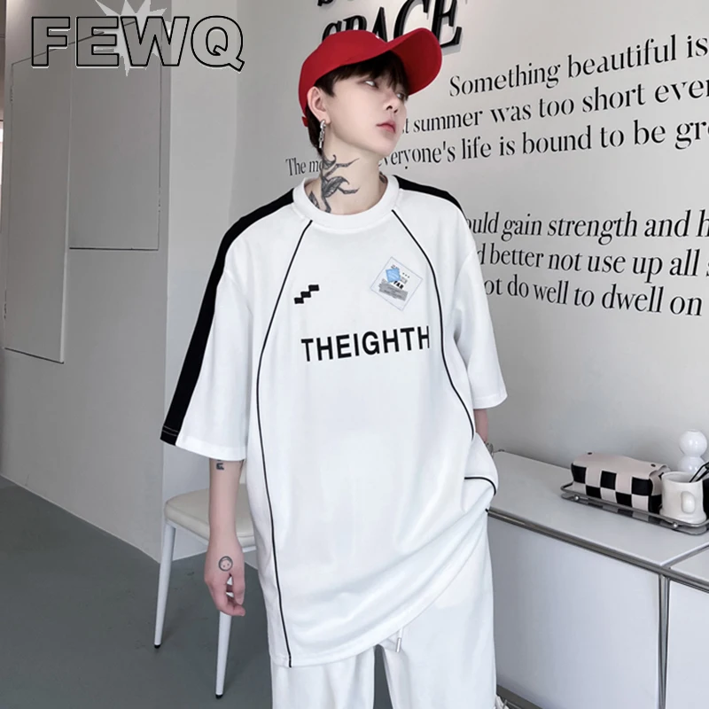 

FEWQ Summer Niche Men's Letter Printed Patch T-shirt Contrast Color Loose Men's Short Sleeve Tee 2023 New Male Casual Top 9A8802