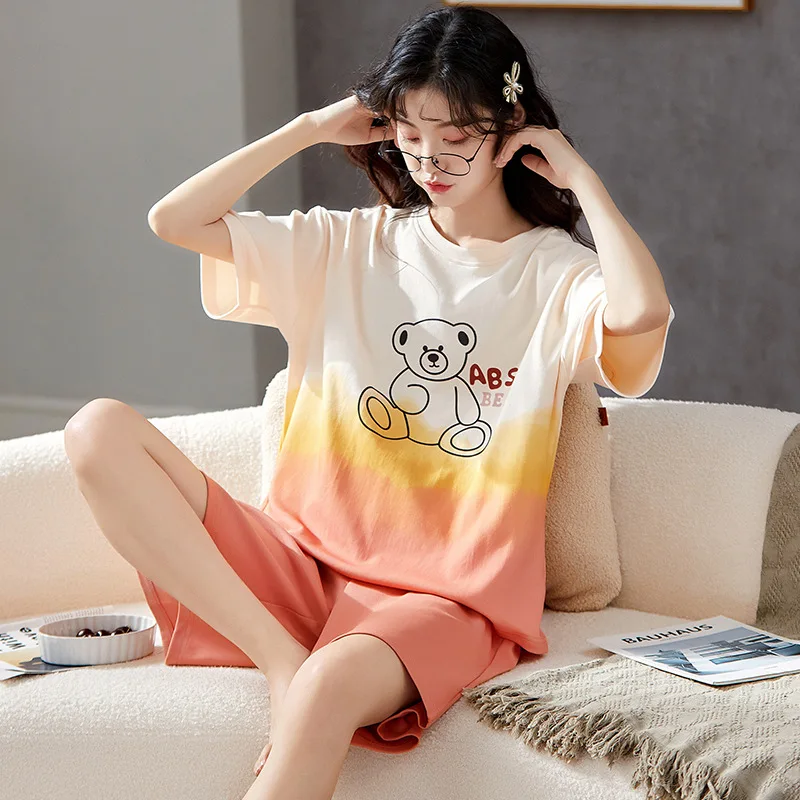 New Design Summer Women Cute Pajama Set Stylish Print Girl Young Casual Cotton Lounge Sweet Home Sleepwear