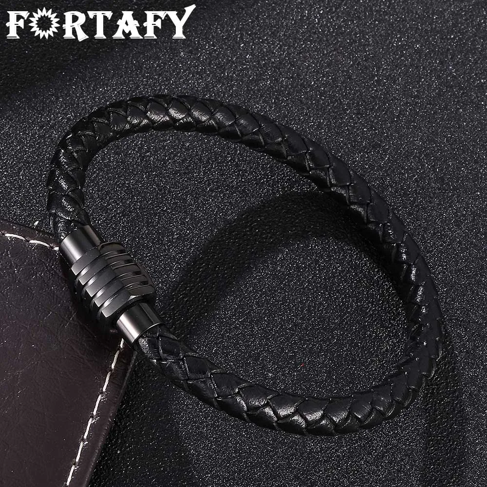 

FORTAFY Charm Jewelry Black Braided Leather Rope Bracelet Men Stainless Steel Magnetic Clasps Wrist Band for Male Boys FR0036