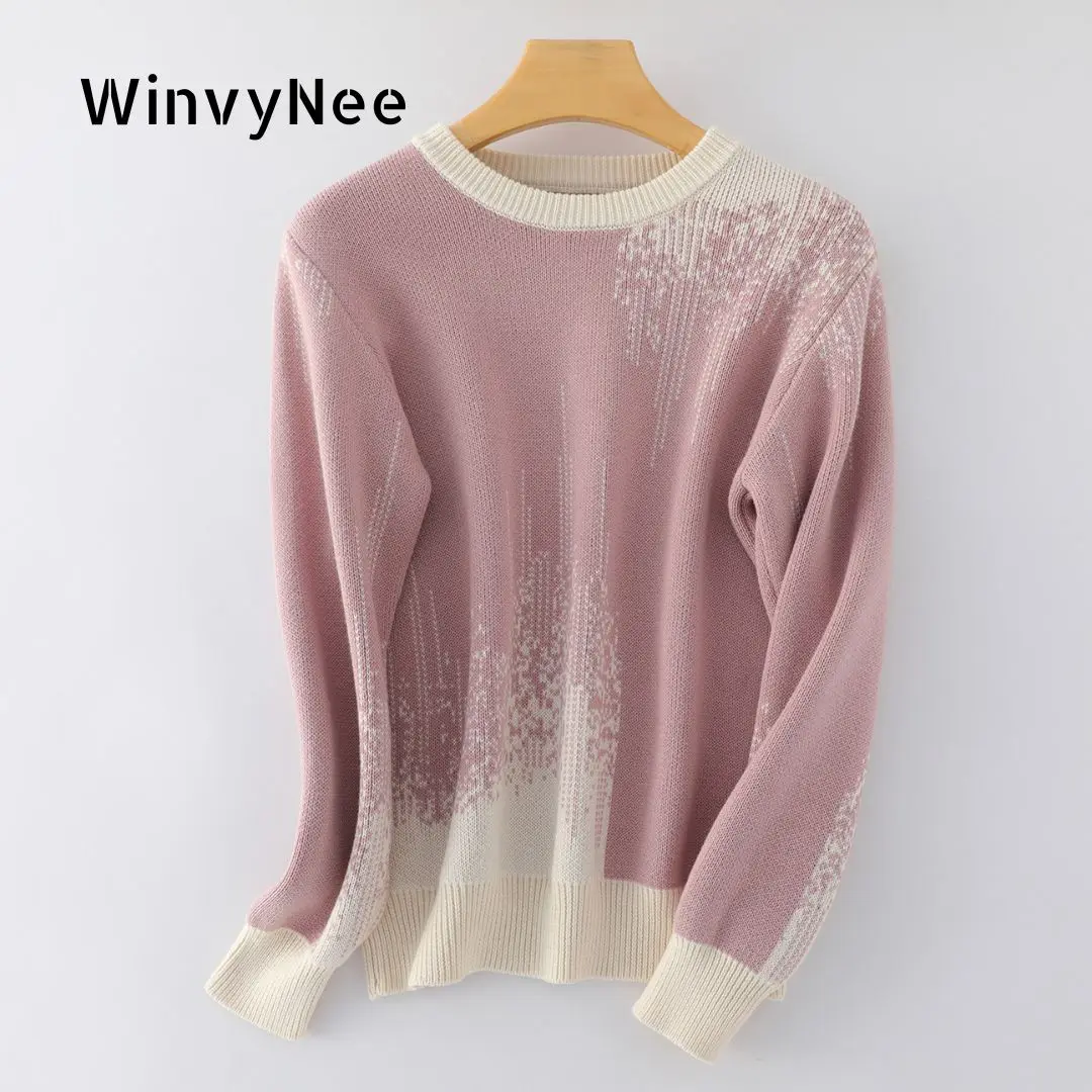 Фото Женский пуловер WinvyNee из 100% хлопка, мягкий, утолщенный, с жаккардовым узором 7-игольной вязки, круглым вырезом, белый, с цветочным принтом, свободного кроя, повседневный, A1092042A №1