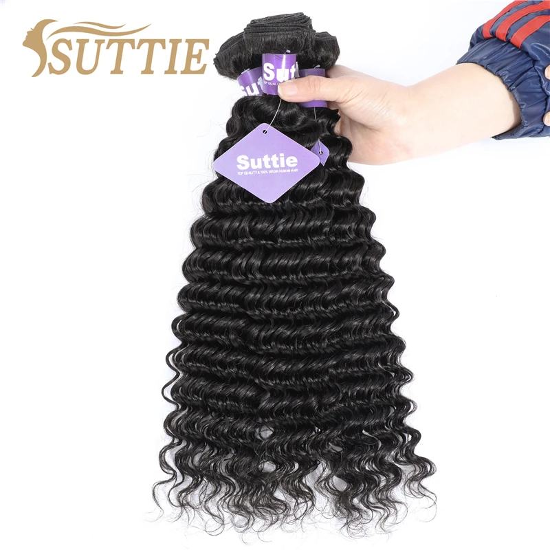 Suttie Human Hair Bundles Deep Wave 3 Bundles 18 20 22 Inch Weave Curly Virgin Hair Extensions Natural Color Black for Women