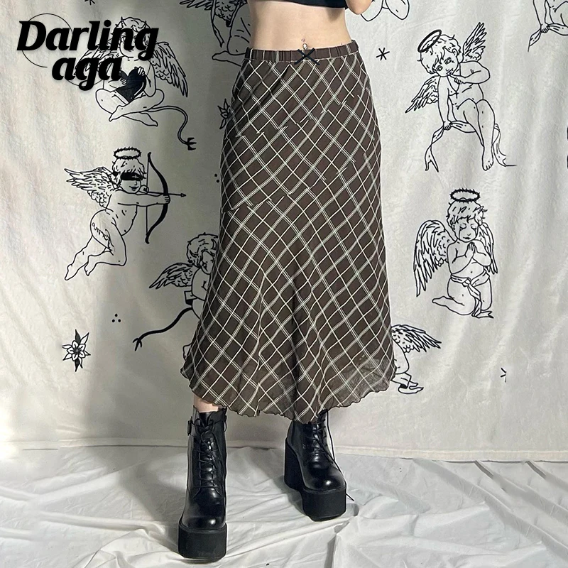 

Darlingaga Vintage Plaid Frill Y2K Plaid Mesh Skirt Female Harajuku Aesthetic Bow A-Line Long Skirt Double Layer Fairycore Chic
