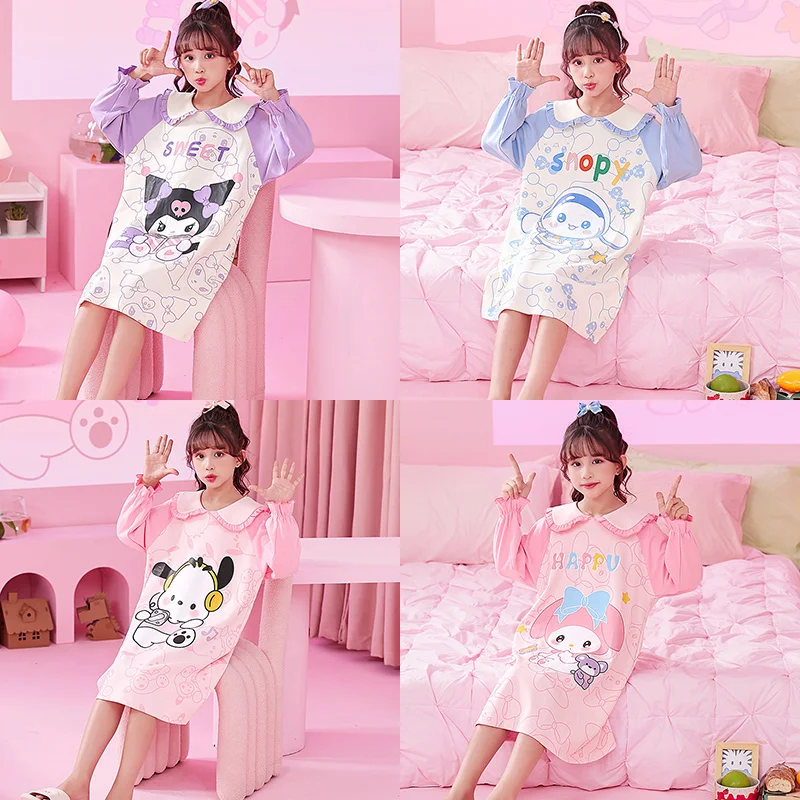 

Autumn Sanrios Children Princess Nightdress Kawaii Anime Kuromi Pochacco Cinnamoroll Girl Cotton Pajamas Kids Sleepwear Homewear