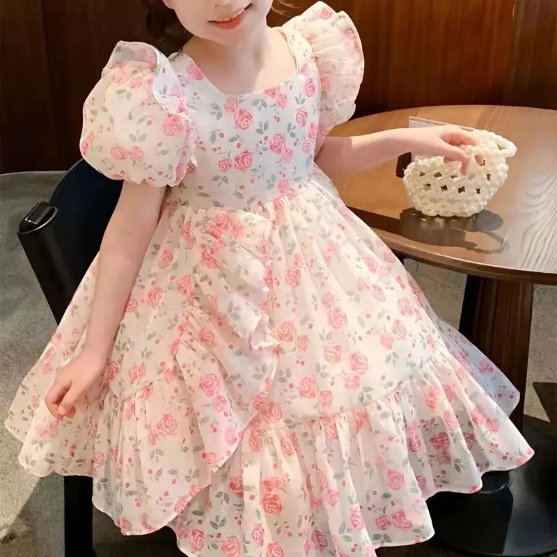 

Kids Girls Dress Fashionable Childrens Bubble Sleeve Fragmented Flower Princess Dress Spring Summer 2023 New Little Girls Skirt