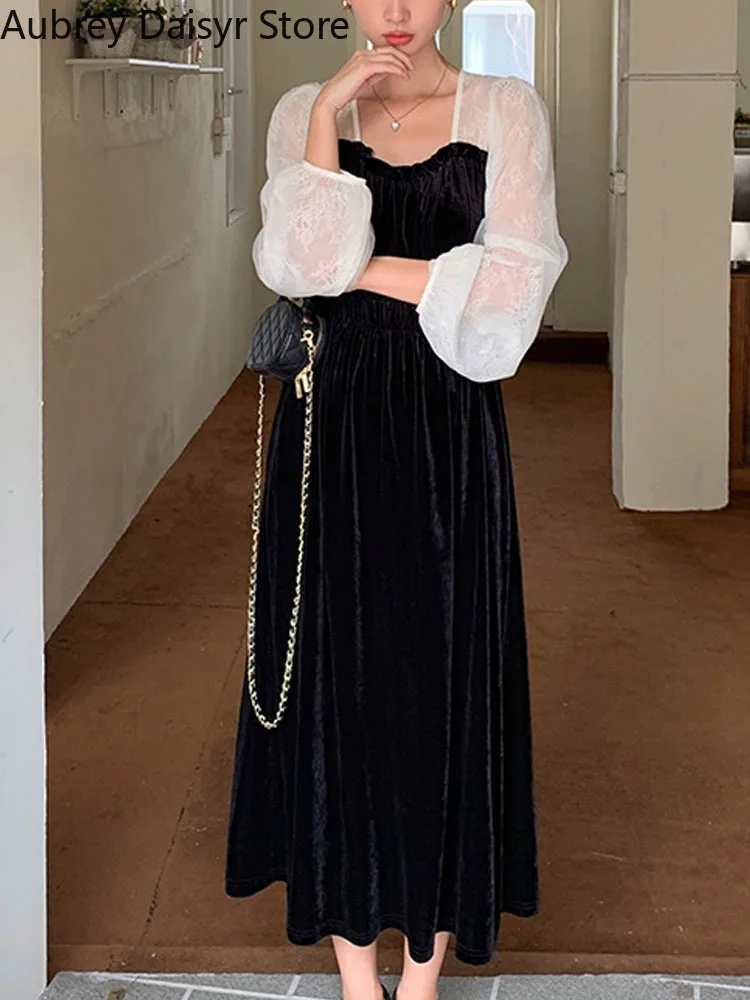 

Elegant Black Velvet Midi Dress Women Korean Vintage Chic Lace Patchwork Y2k Dress Female Casual V-neck Evening Party Dress 2022