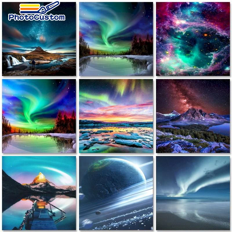 

PhotoCustom 60x75cm Painting by numbers Kill time Picture Paint Aurora Scenery DIY Drawing by numbers Art supplies Home decor