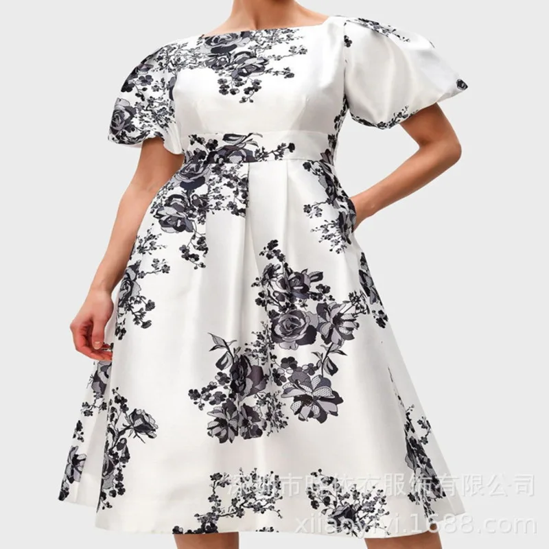 

Woman Clothing 2023 Summer High Waist Style Slim Pullover A-line White Printed Short Sleep Poetry Long African Print Dress