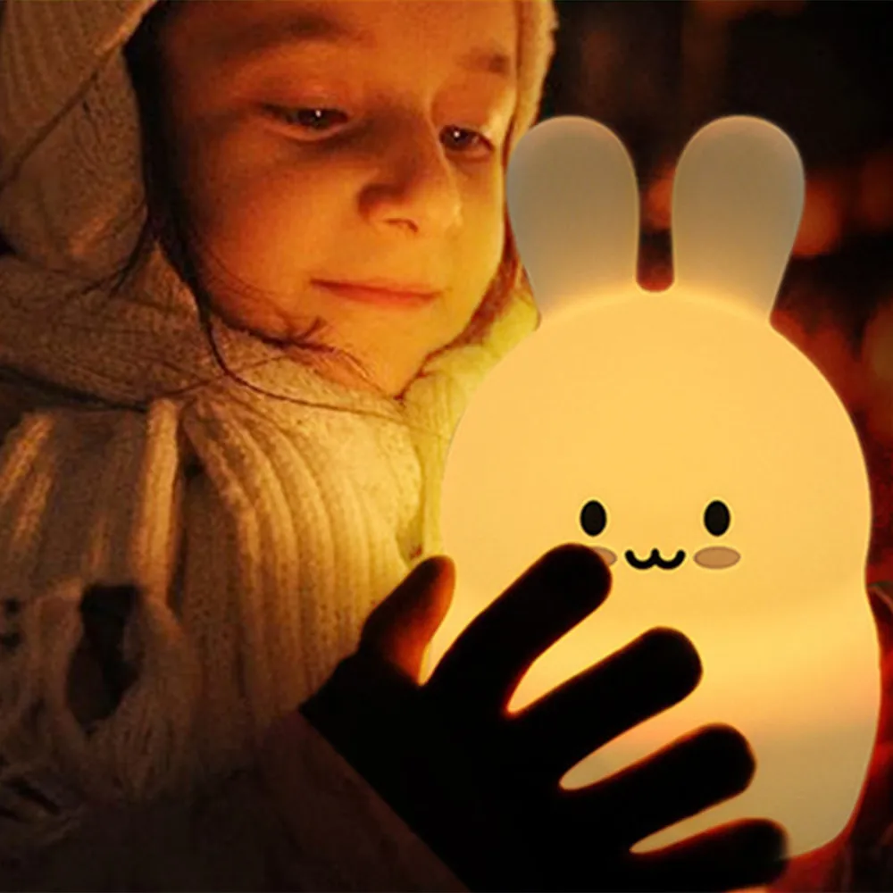 

Rabbit LED Night Light Sensor 9 Colors Battery Powered Cartoon Silicone Bunny Bedside Lamp for Children Kids Baby Toy Gift