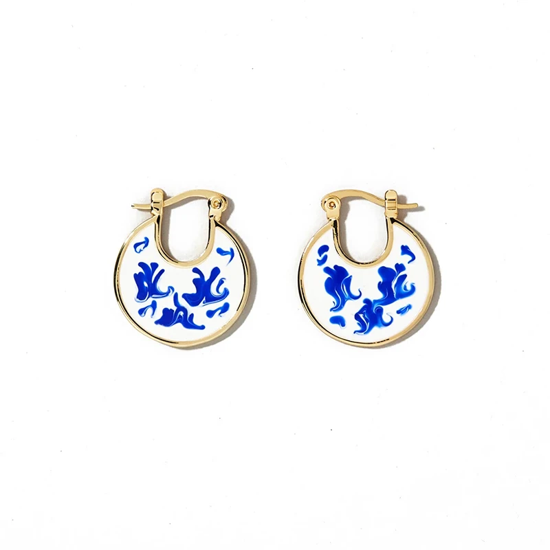 

MC 925 Sterling Silver Huggie Earrings for Women Chinese Blue And White Porcelain Ear Hoops Delicate Enamel Pendientes Aretes