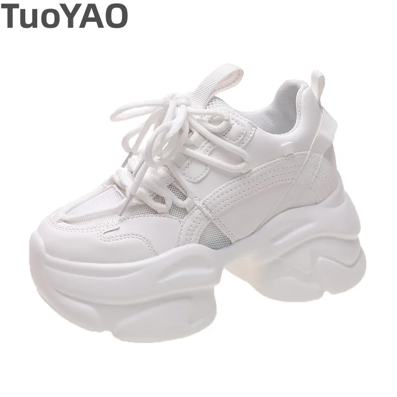 

Women High Heels Chunky Platform Leather Sneakers Thick Bottom Vulcanize Shoes Woman New Spring Autumn 8CM Increase Casual Shoes