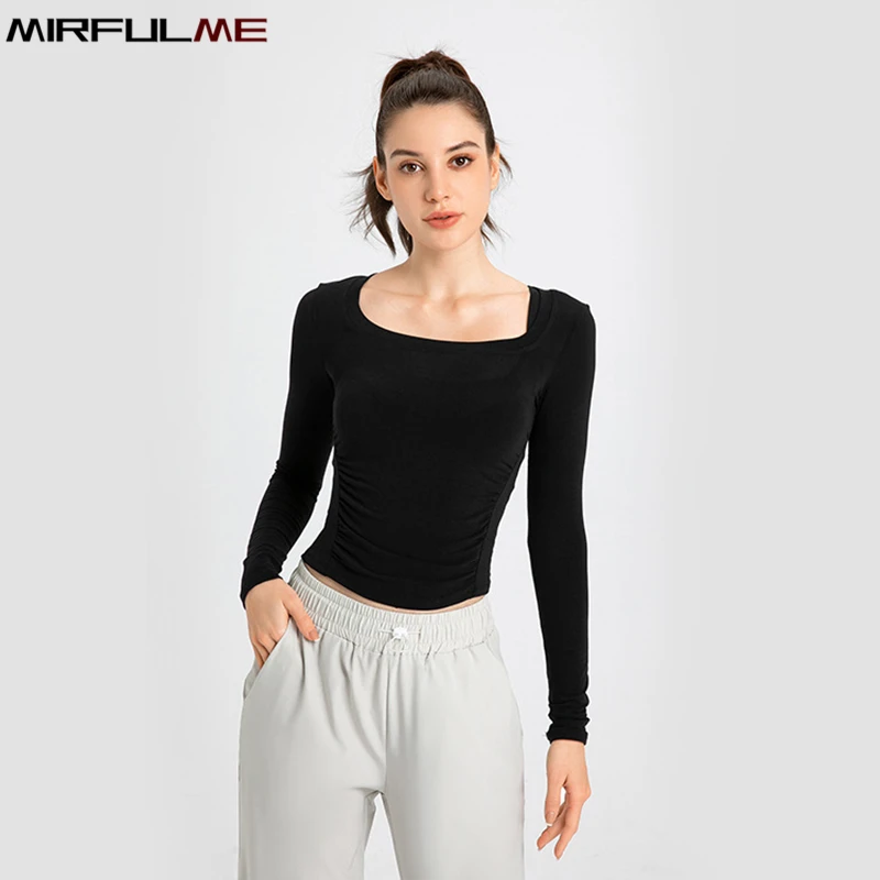 Купи Spring Women Yoga Shirts Long Sleeve Sport T-shirt Sexy U-Neck Running Folded Sweatshirt Quick Dry Slim Gym Workout Fitness Tops за 748 рублей в магазине AliExpress